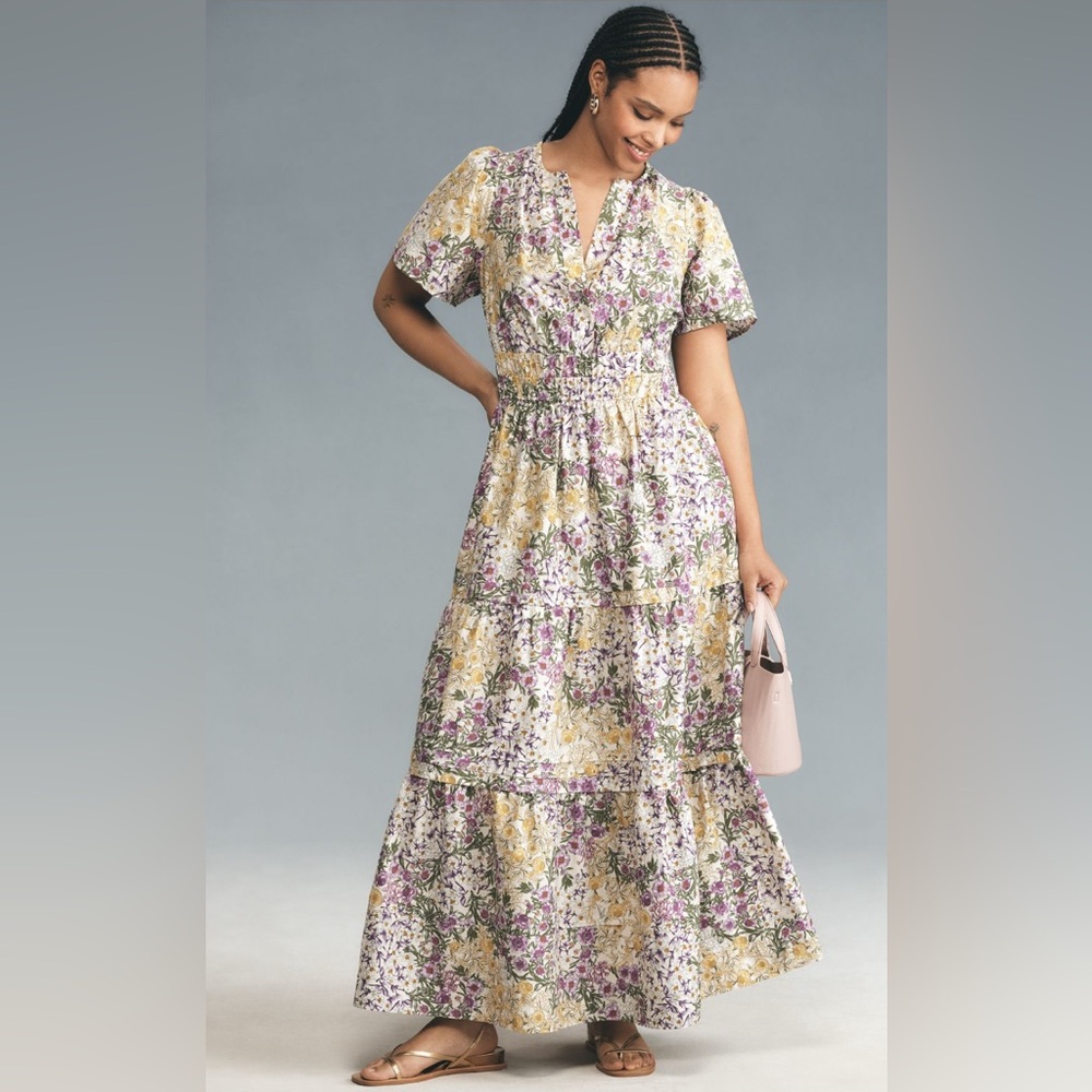 Elegant Floral Maxi Dress in Purple and Yellow